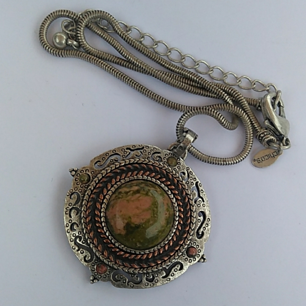 HTF Chico's Unakite Antiqued SilverTone Necklace - Picture 3 of 8